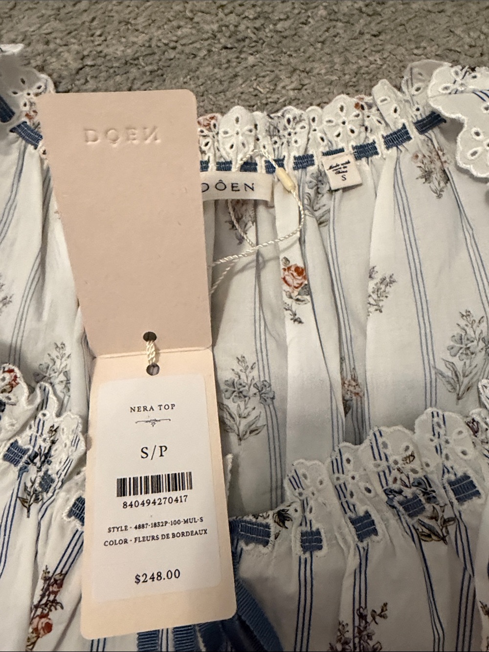 Doen Nera White Floral Peasant Blouse with Blue Stripes - Picture 3 of 7